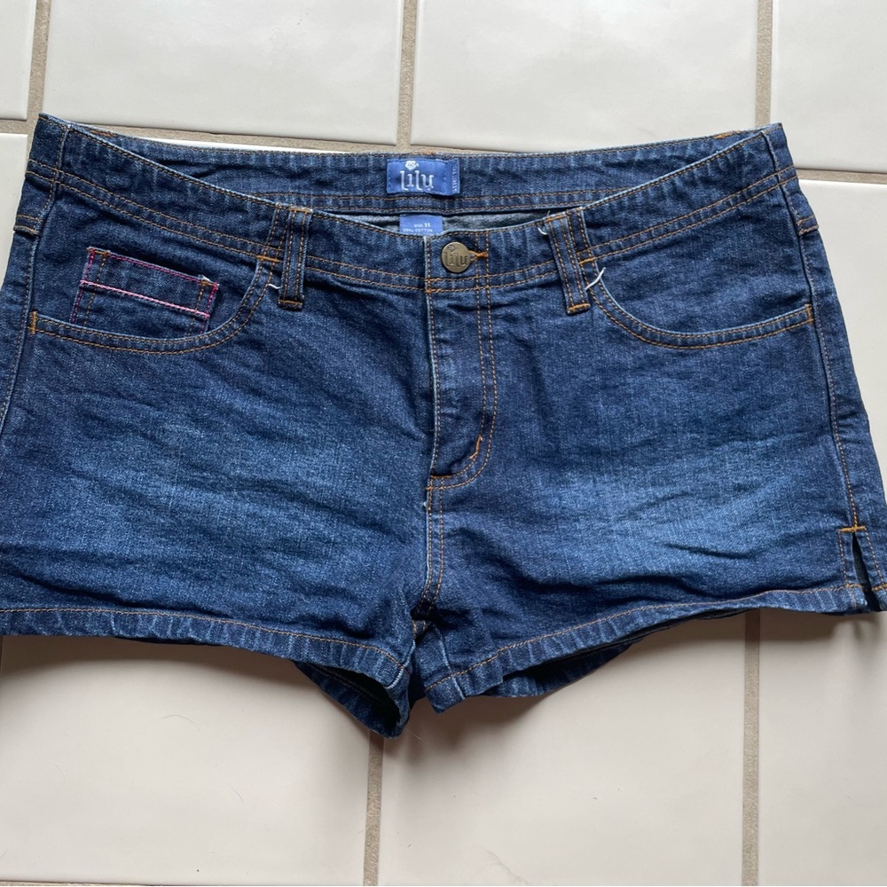 Lilu Dark Blue Denim Jean Shorts with Pink Accent